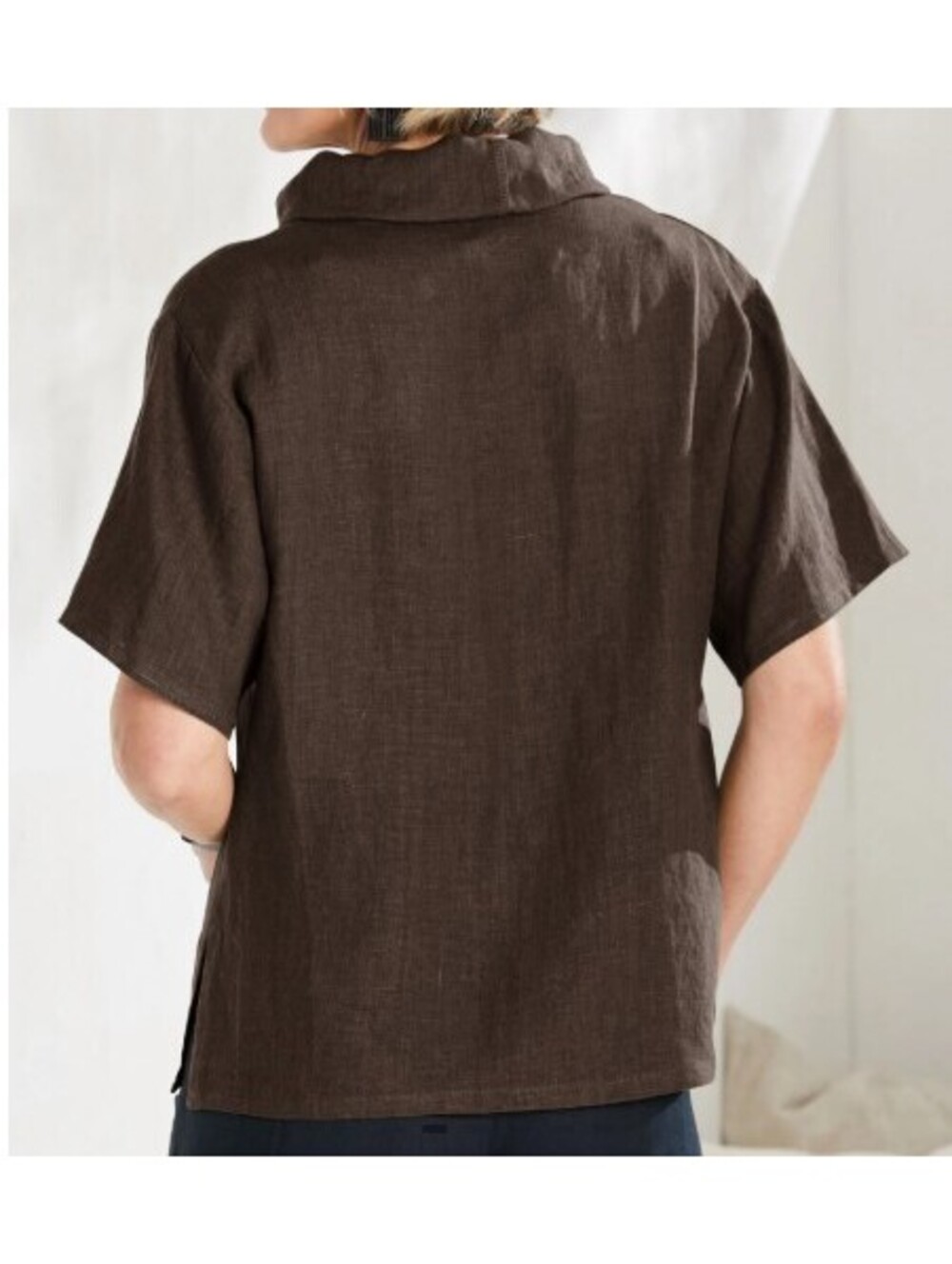 LeMair Handcrafts Linen Cowl Neck Top LARGE Brown Lagenlook Boxy Short Sleeve US - Picture 2 of 7